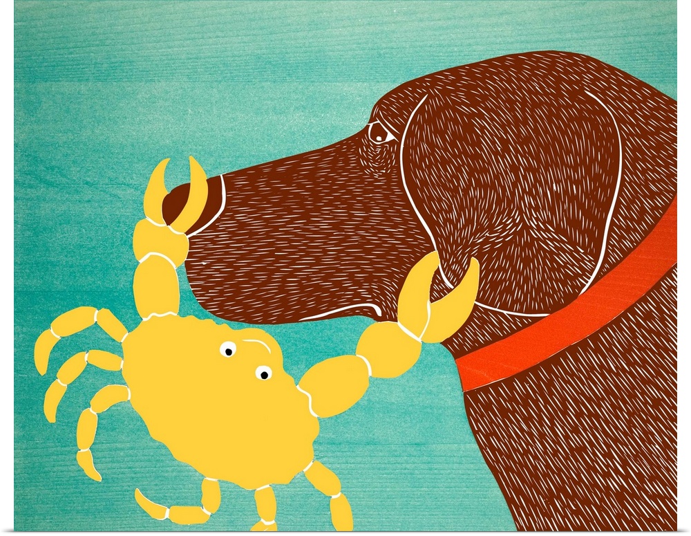 Illustration of a chocolate lab with a yellow crab pinching its nose and ear.