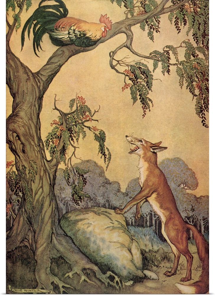 A vintage illustration of a fox looking at a rooster sitting up in a tree.