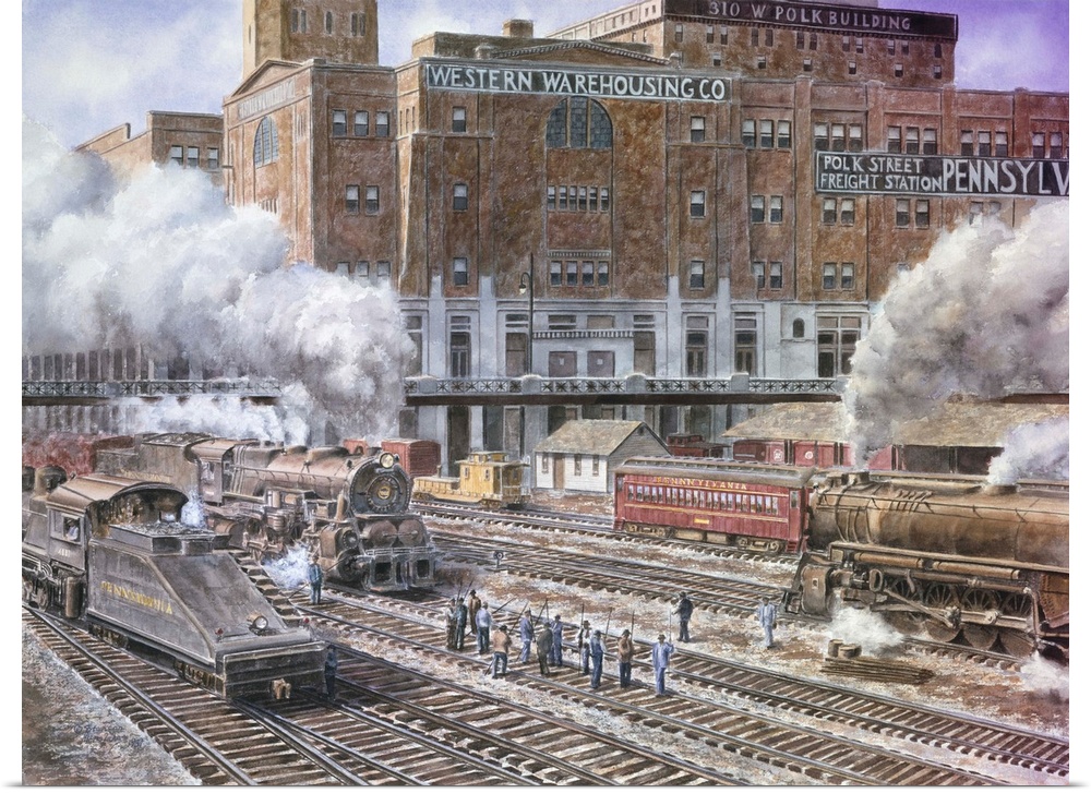 Contemporary painting of a rail yard, with large clouds of smoke billowing from the train stacks.