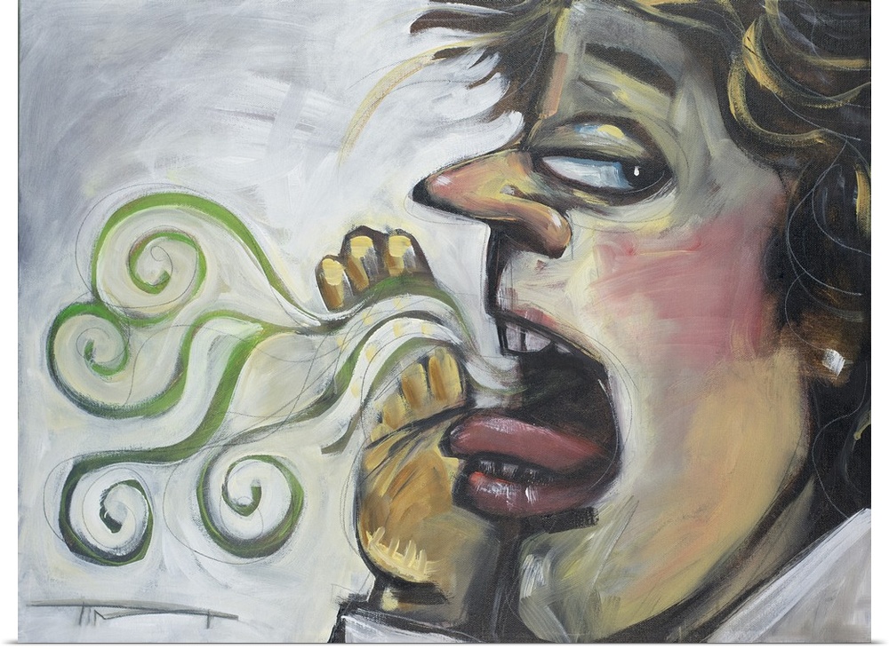 Cartoonish painting of a person spreading rumors as if they were bad breath.