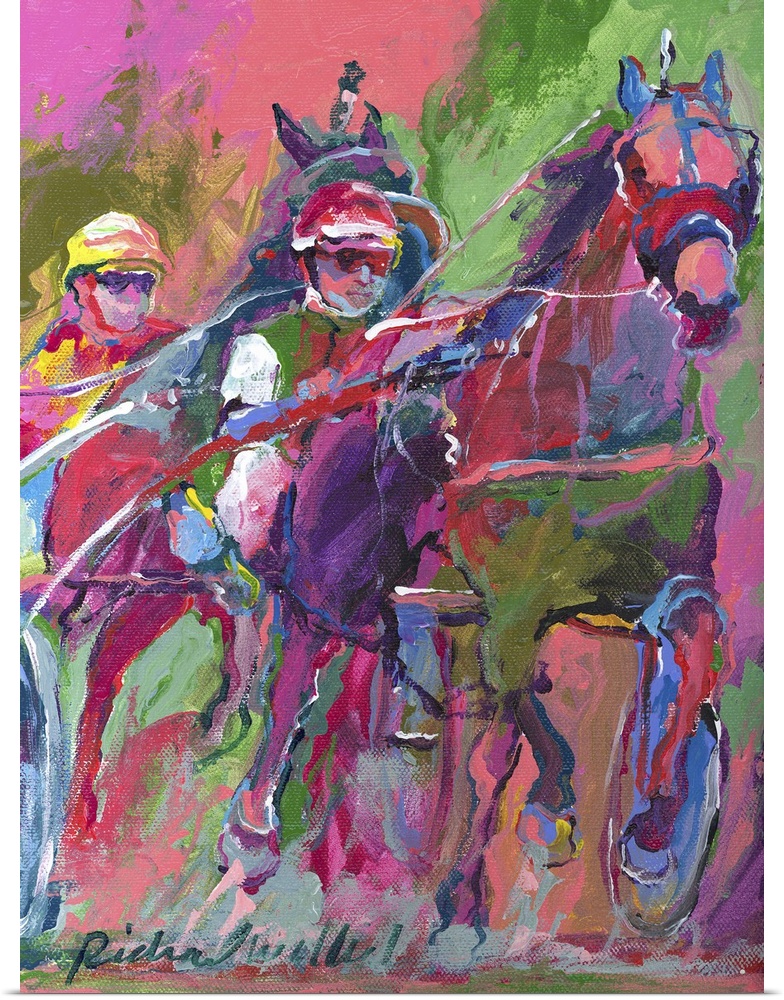Contemporary colorful painting of jockeys racing horse cart