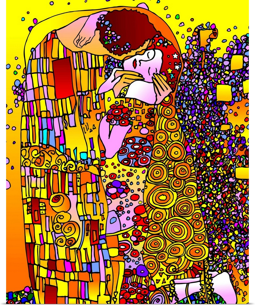 Digitally painted version of Gustav Klimt's "The Kiss" in a pop art style.
