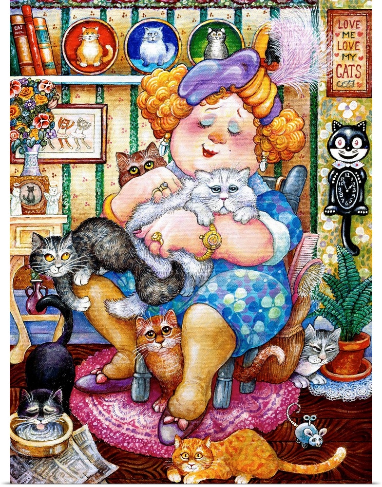 A lady sitting in her chair surrounded by her many cats.