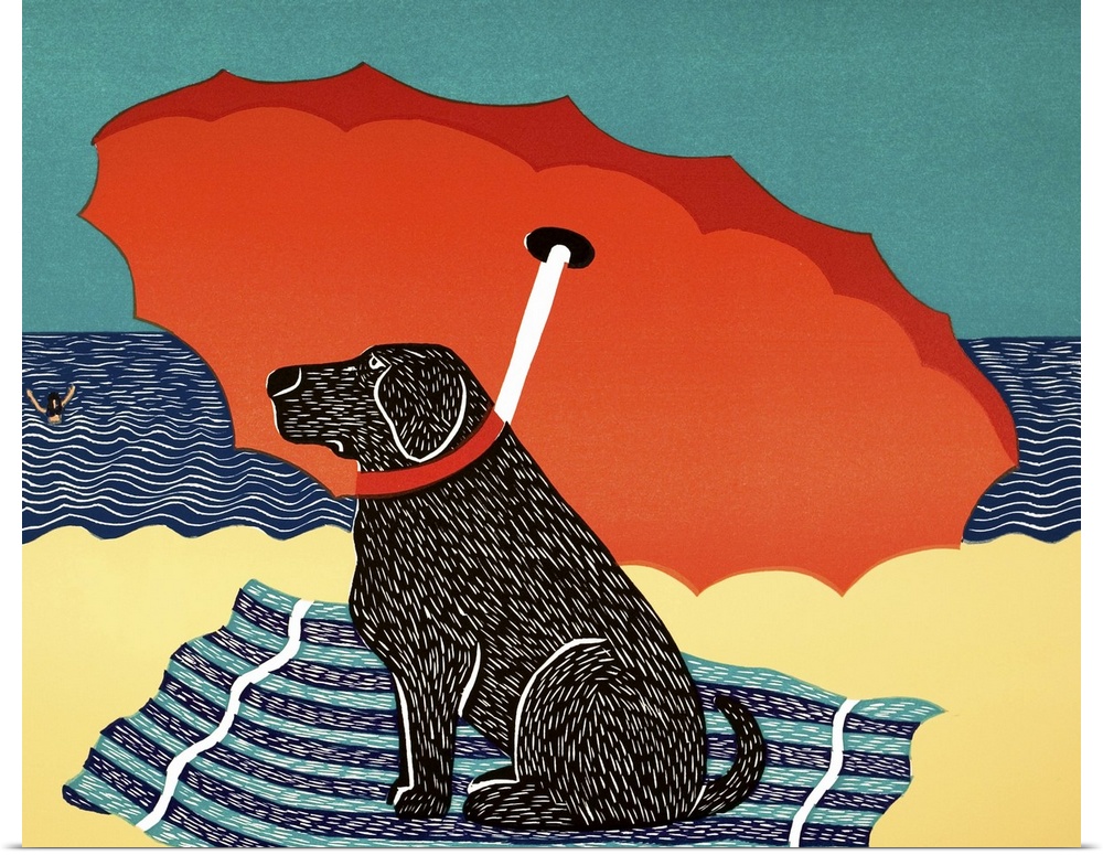 Illustration of a black lab sitting on under a beach umbrella at the beach watching his owner swim.
