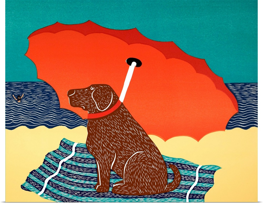 Illustration of a chocolate lab sitting on under a beach umbrella at the beach watching his owner swim.