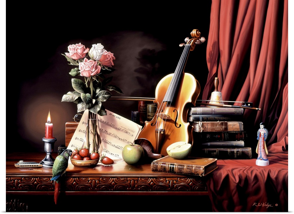 Contemporary still life painting of a violin, flowers in a vase, and books.