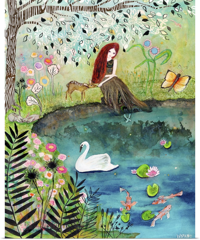 A woman sitting beside a pond with a small deer under a tree.