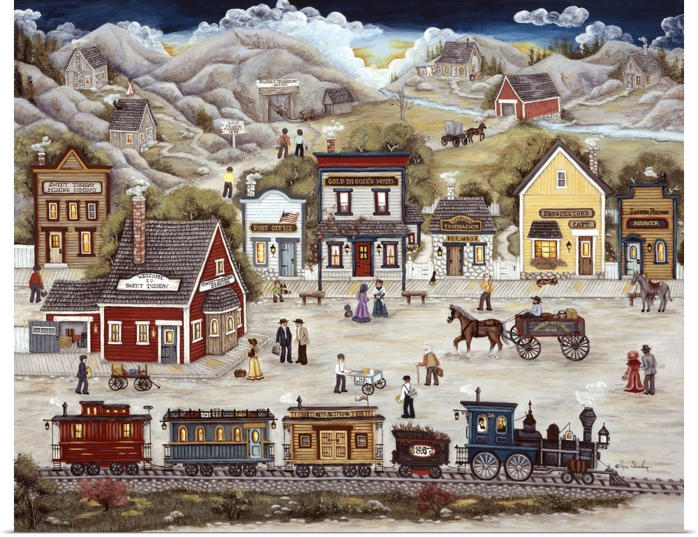 A mining town with town folks walking and working, horses, trains, mountain, river.