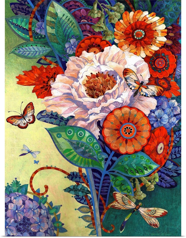 Contemporary artwork of colorful and decorative flowers.