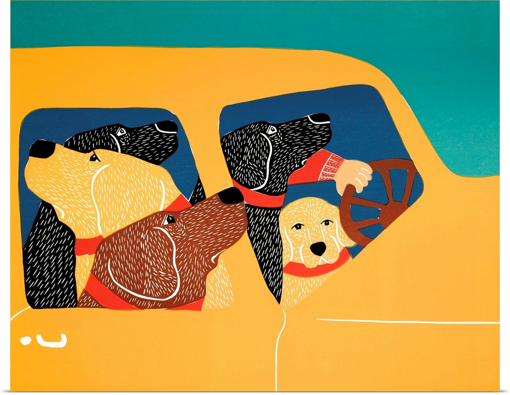 Illustration of a pack of labs in a yellow car.