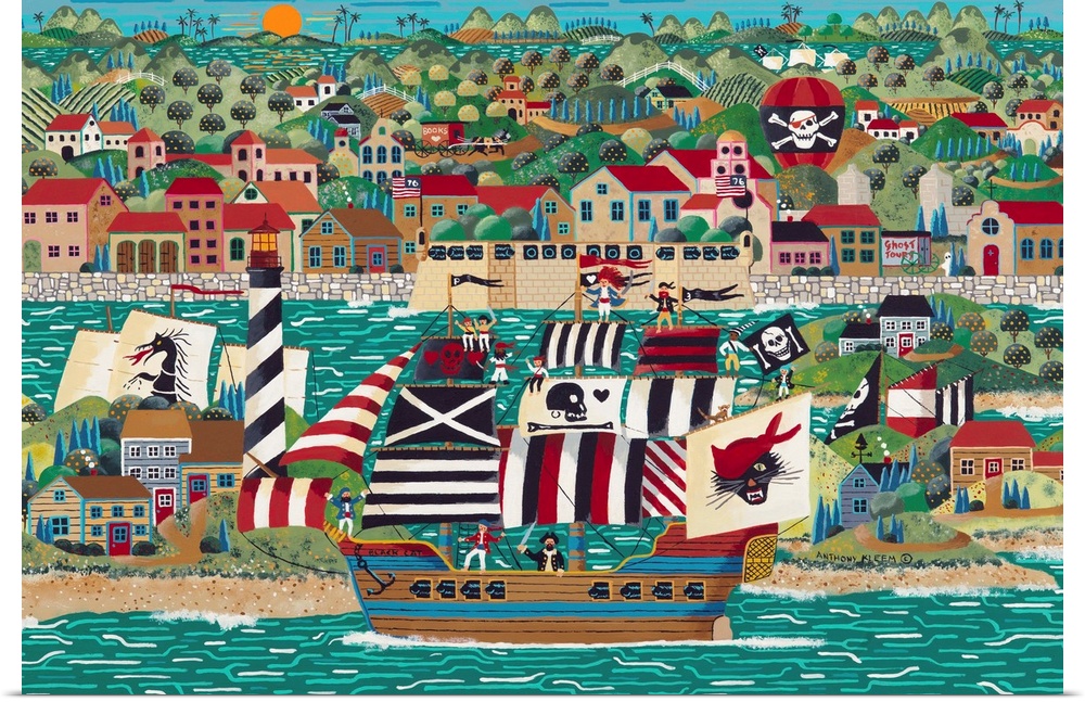 Contemporary painting of a coastal town with a ship pulled into harbor.