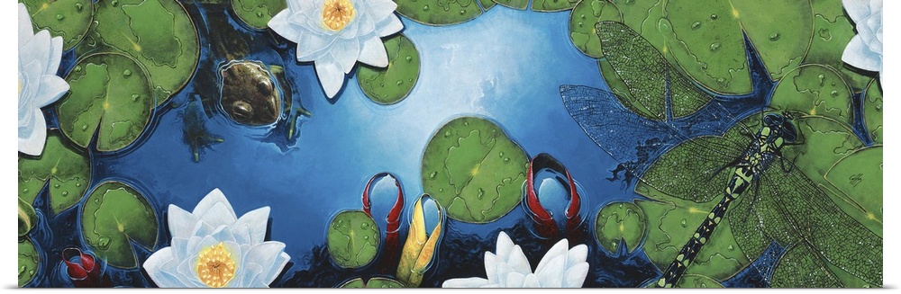 Contemporary painting of a view looking down on a pond with lily pads and dragonflies.