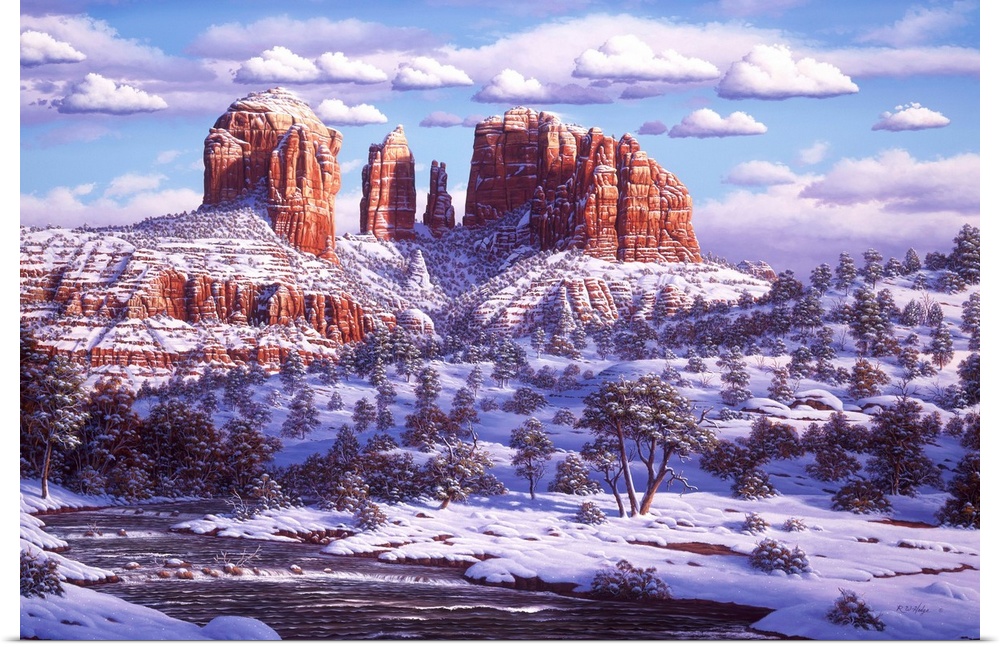 Red Rocks in the winter, covered in snow.