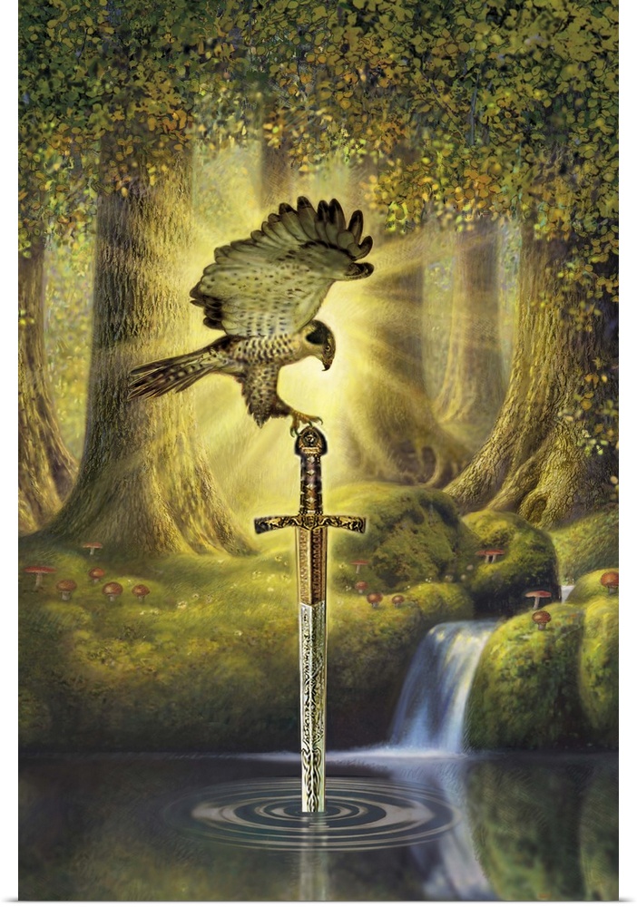 A falcon perched on a sword coming from the water.