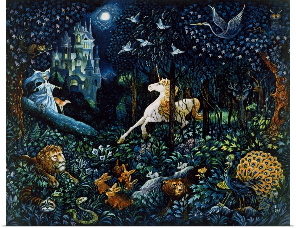 White Unicorn facing a Damsel with a castle in the background and many forest animals in the foreground.