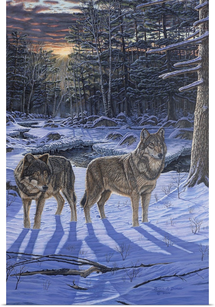 Contemporary artwork of two wolves in wintery forest scene.