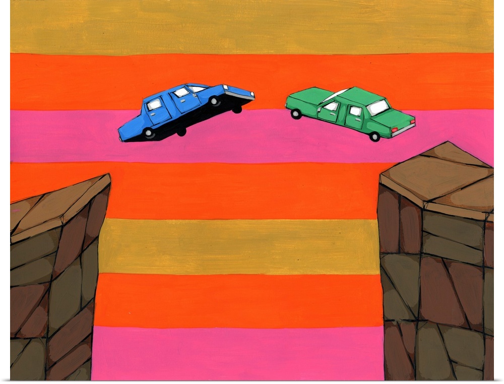 Painting of two cars jumping off cliffs towards each other with a gold, orange, and pink striped background.
