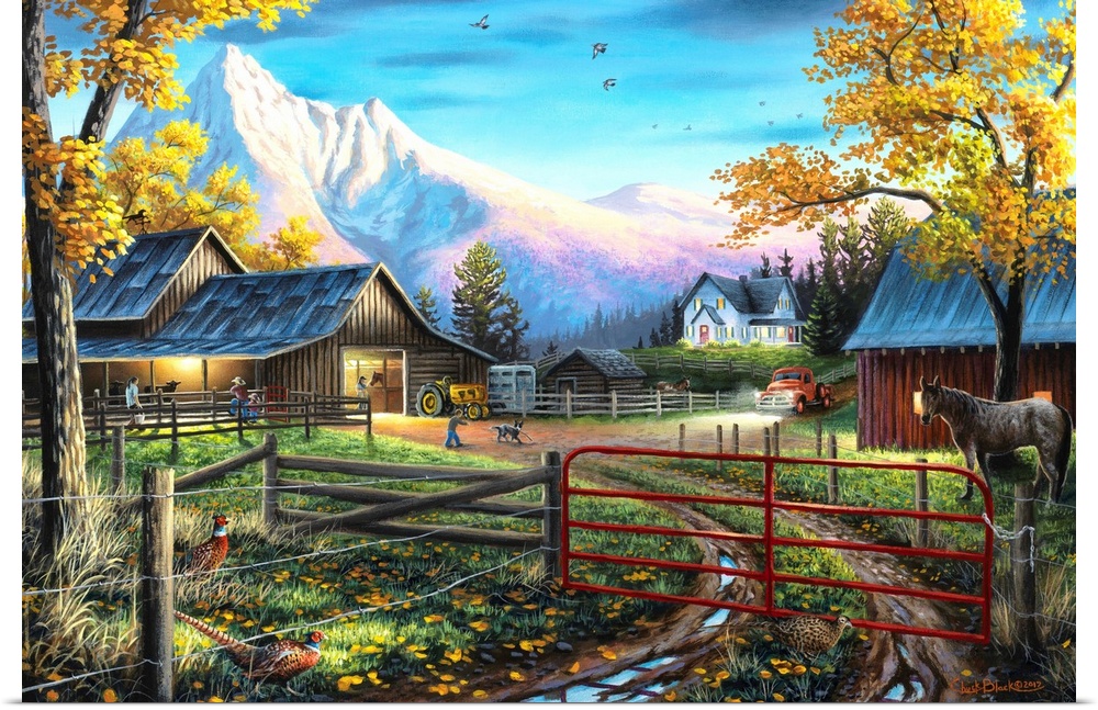 Contemporary painting of a small farm with animals running around and large snow covered mountains in the background.