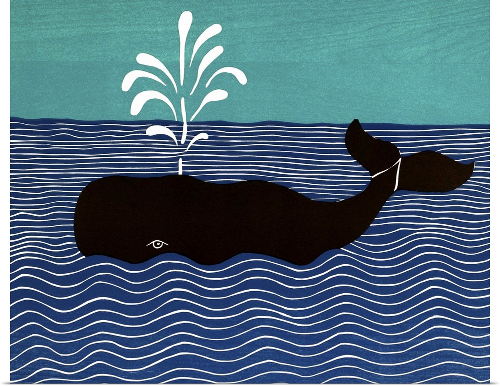 Illustration of a whale in the middle of the ocean spraying water from it's blowhole.
