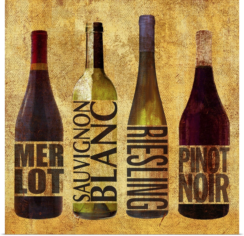 Four bottles of wine, including Merlot, Sauvignon Blanc, Riesling, and Pinot Noir.