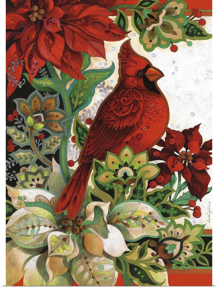 Contemporary artwork of a cardinal perched around lush flowers.