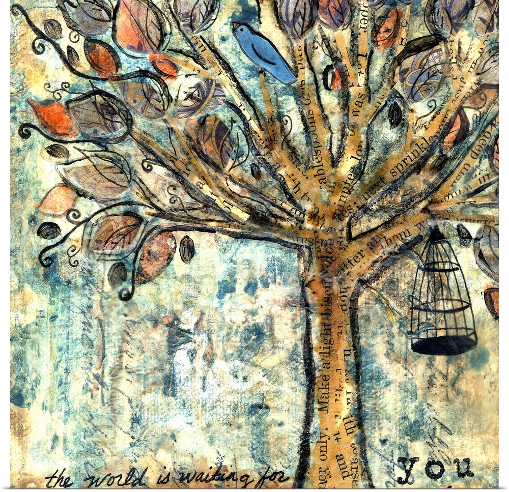 A blue bird in a tree with a cage hanging from a branch.