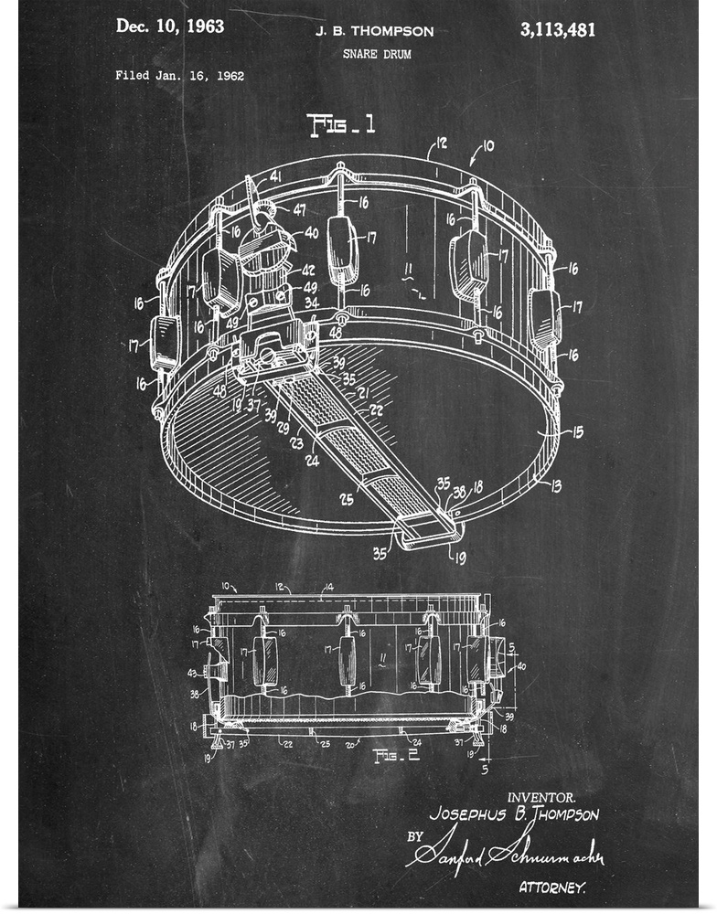 Black and white diagram showing the parts of a snare drum.