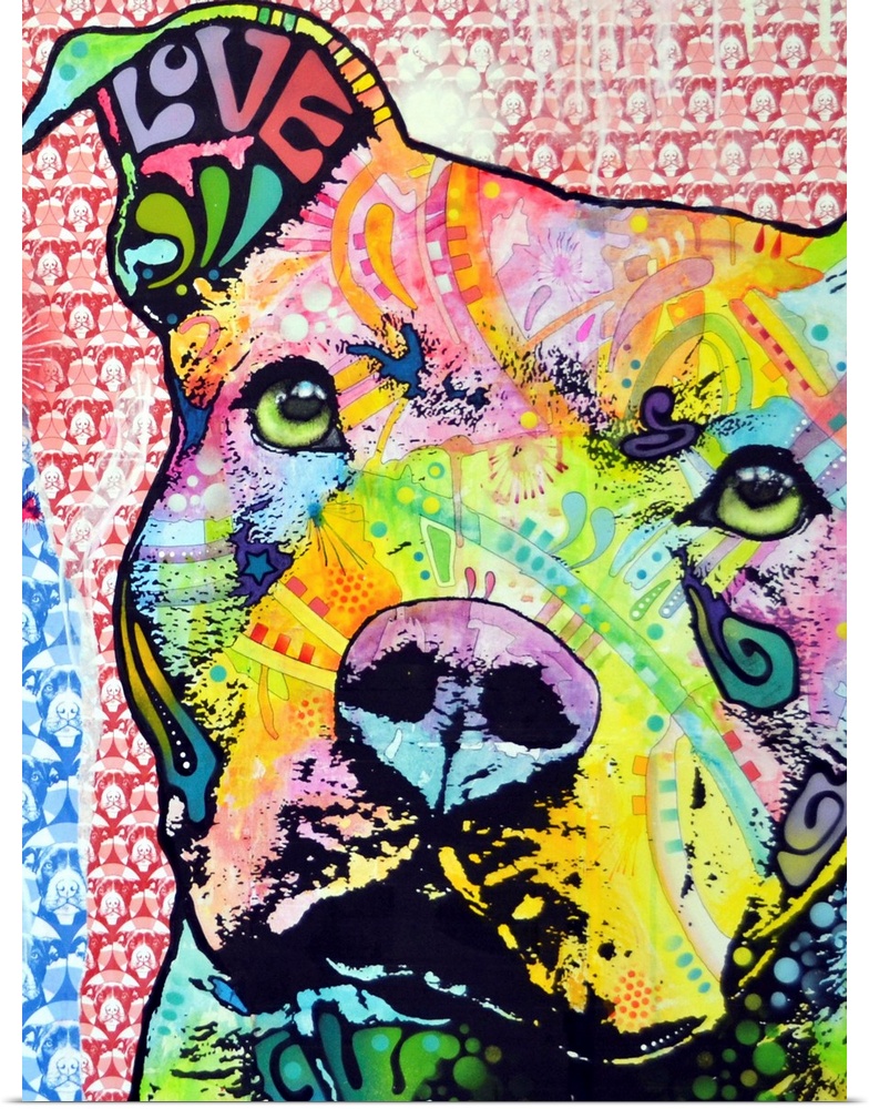 Vertical digital artwork on a large wall hanging of the face of a pit bull dog, filled with vibrant colors and decorative ...
