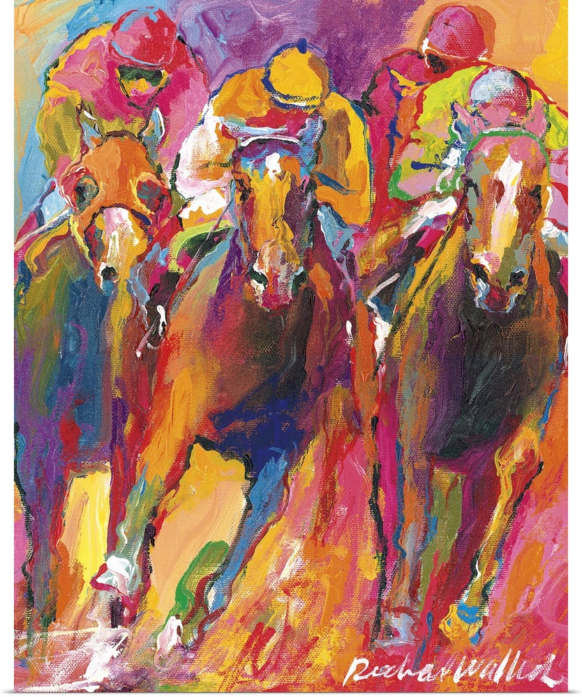 Contemporary colorful painting of jockeys racing on horseback.