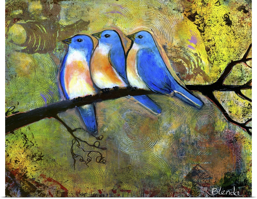 Lighthearted contemporary painting of three bluebird perched on a tree branch.