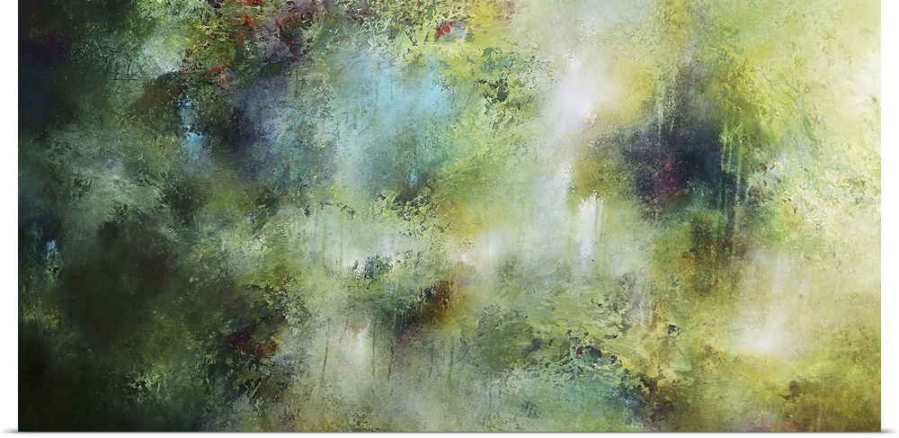 Contemporary abstract artwork in shades of green, resembling a dark forest.