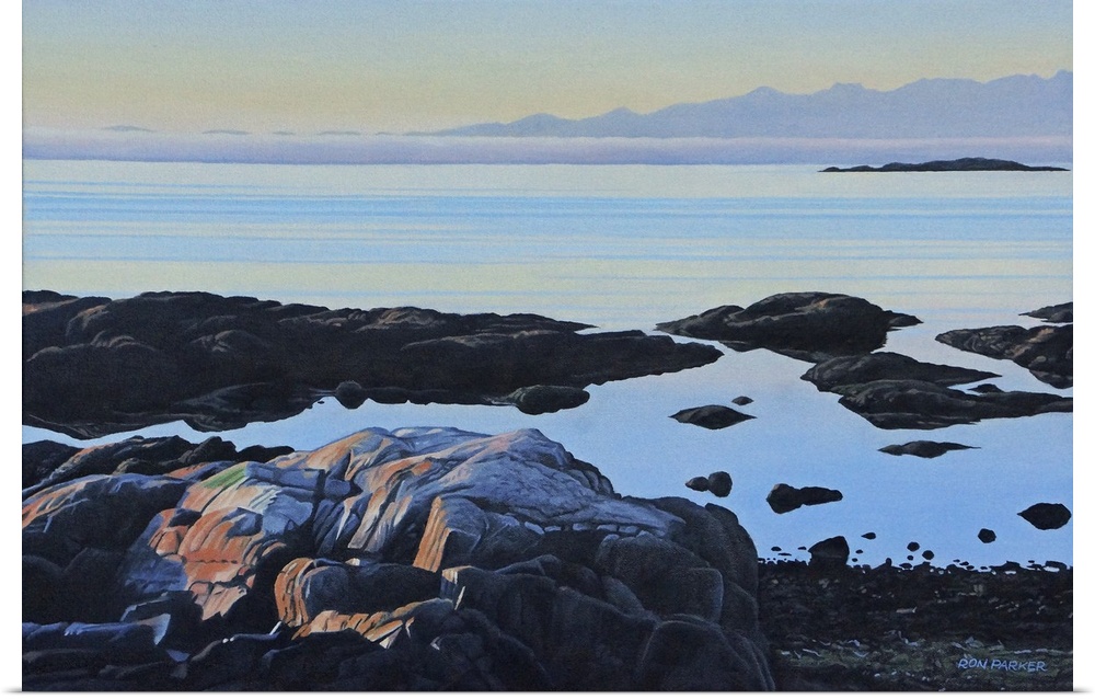 Contemporary painting of a view of a seascape from a rocky shore.