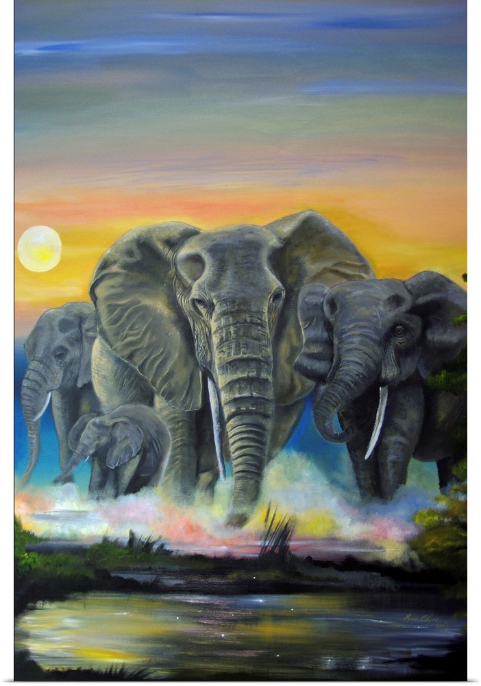 Contemporary artwork of elephants running through a stream at sunset.