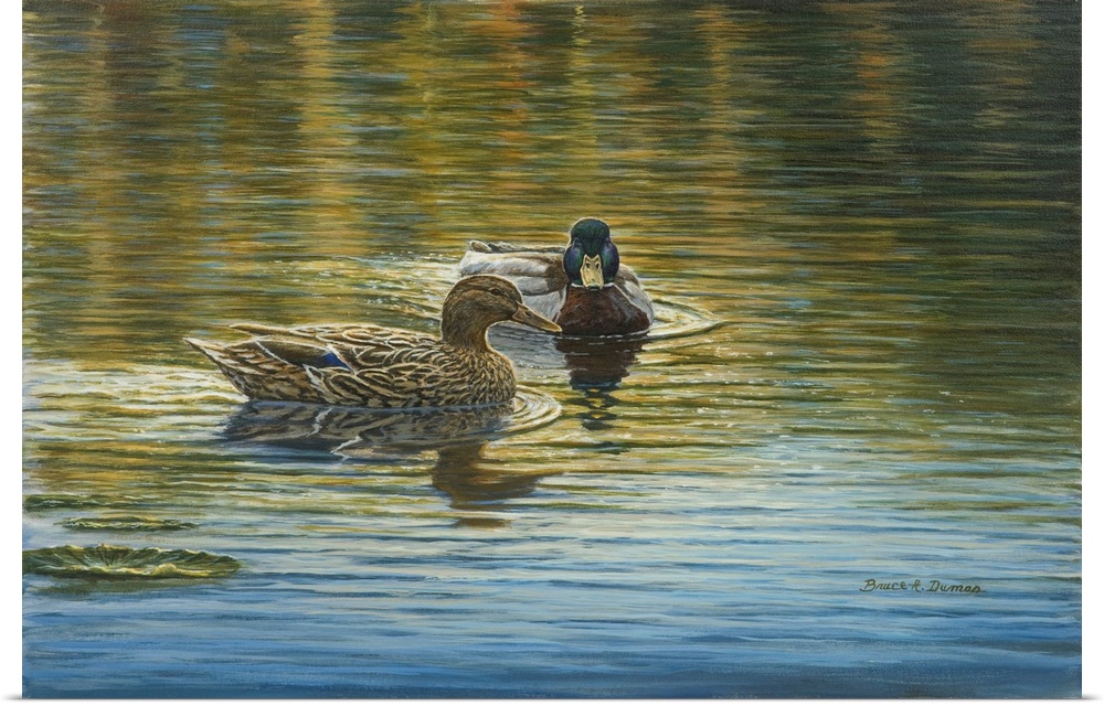 Contemporary artwork of two ducks in water.