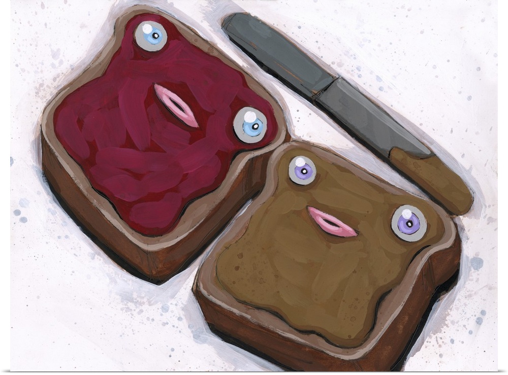 Pop art painting of two pieces of toast with peanut butter and jelly.