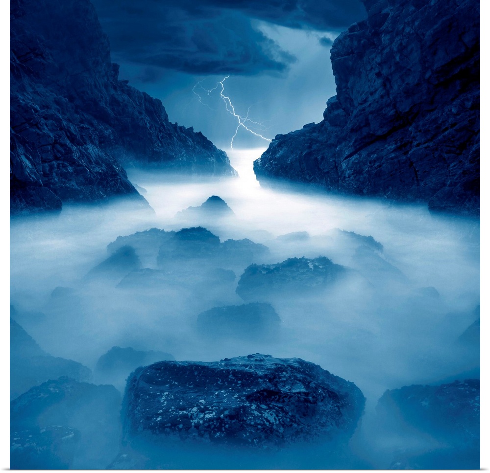 Lightning, rocks, mist, ocean, blue storm