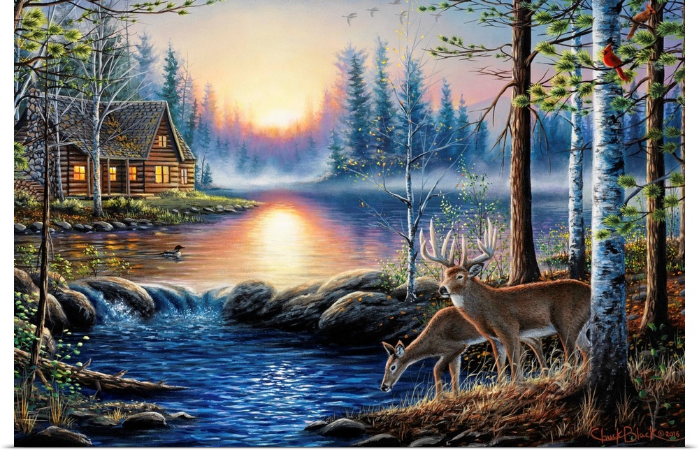 Contemporary landscape painting of two deer by a watering hole with a cabin in the background.