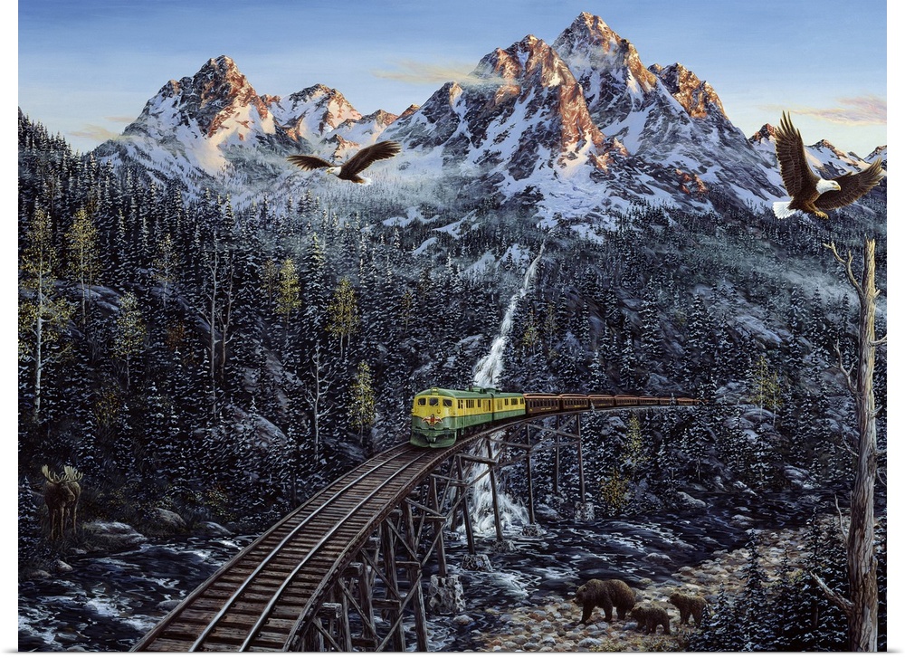 train with mountains in background, eagles flying over head, bears walking.snow