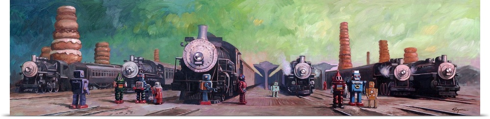 A contemporary painting of different colored retro toy robots standing in a train yard with giant steam engine trains all ...