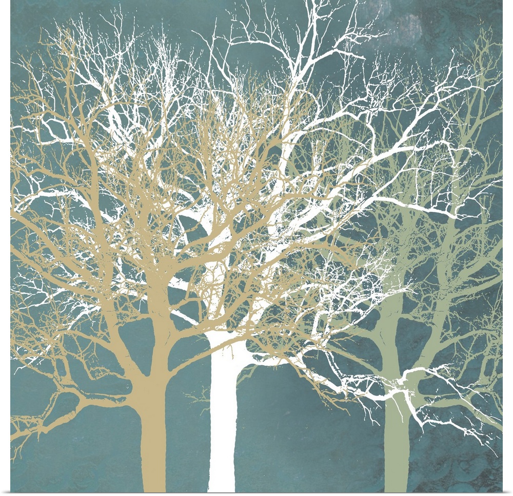 Flat silhouettes of three different colored trees are imposed over a textured, contrasting background.
