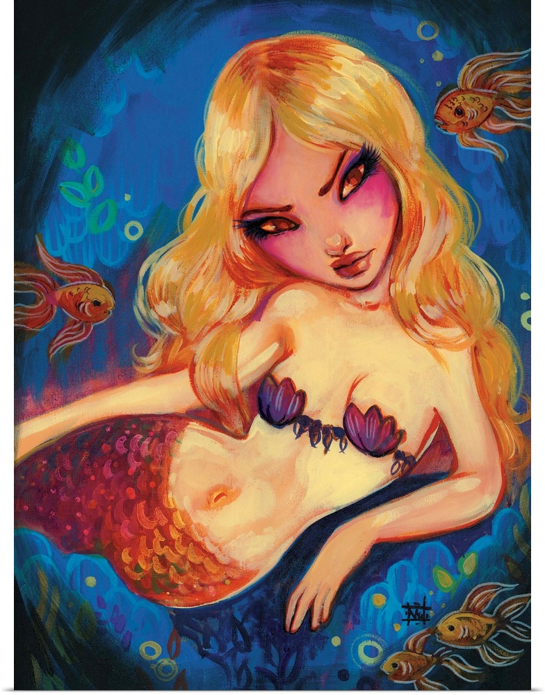Fantasy painting of a blonde mermaid with goldfish.