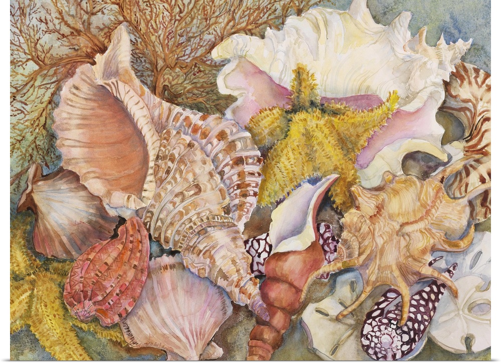 Colorful contemporary painting of seashells.