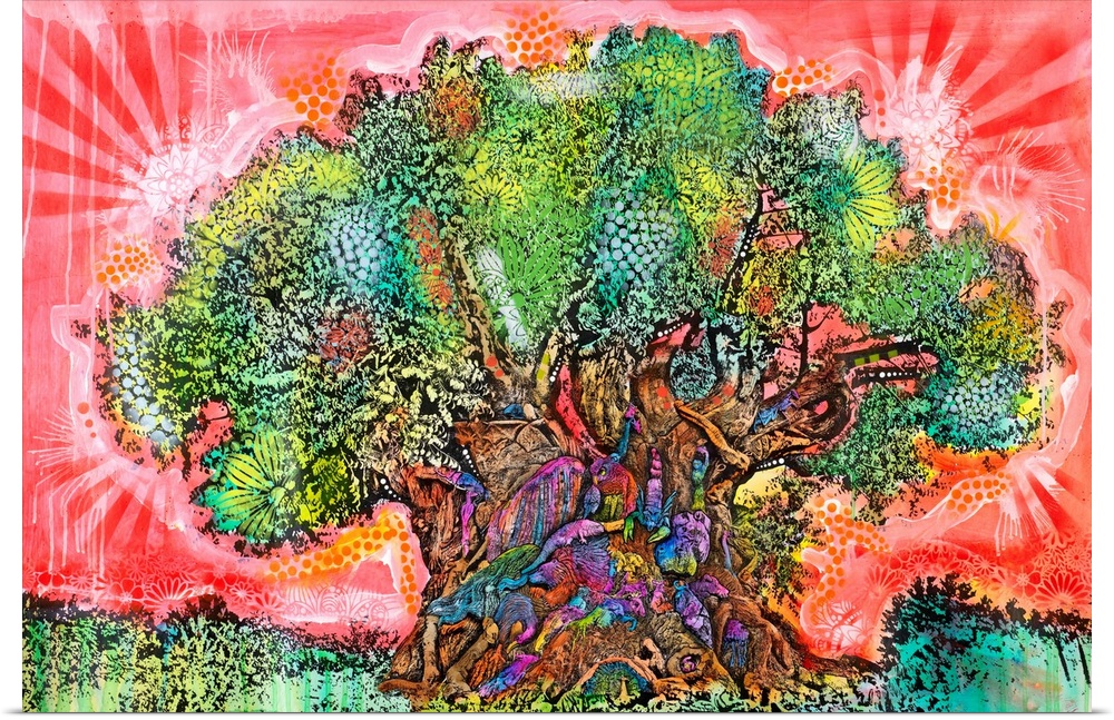 Large illustration of a tree with colorful animals on the trunk and a red sky with abstract designs.