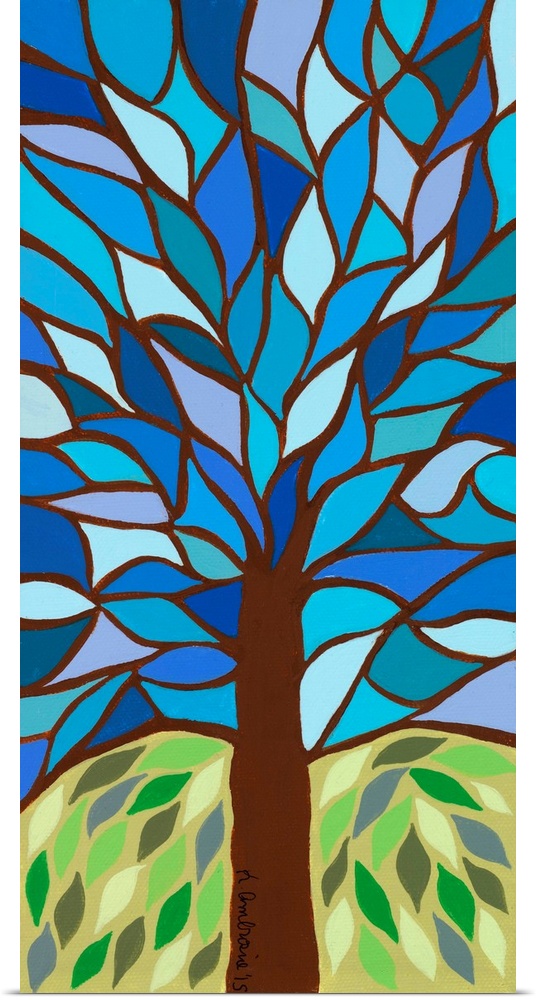 Contemporary painting of a tree with branches breaking up the sky into a mosaic-like pattern.