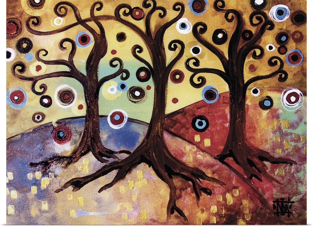 Contemporary painting of three trees with curly branches and spheres of color.