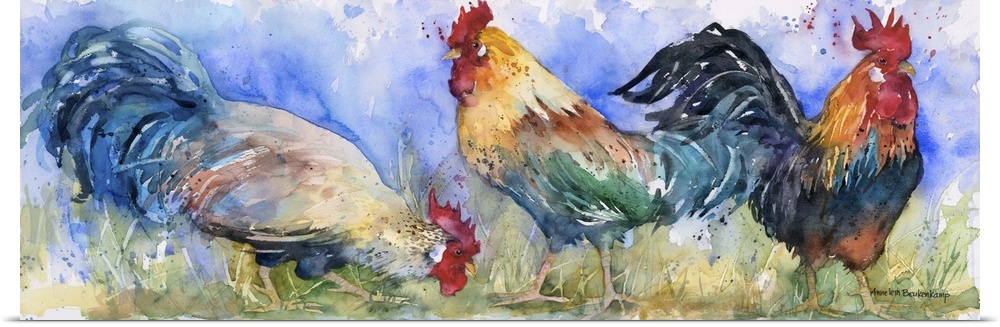 Contemporary watercolor painting of roosters.