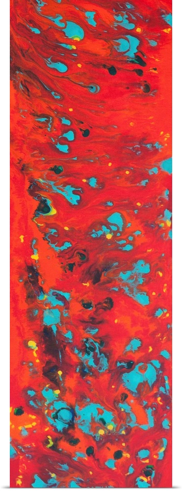 Contemporary abstract painting in red with blue spots.