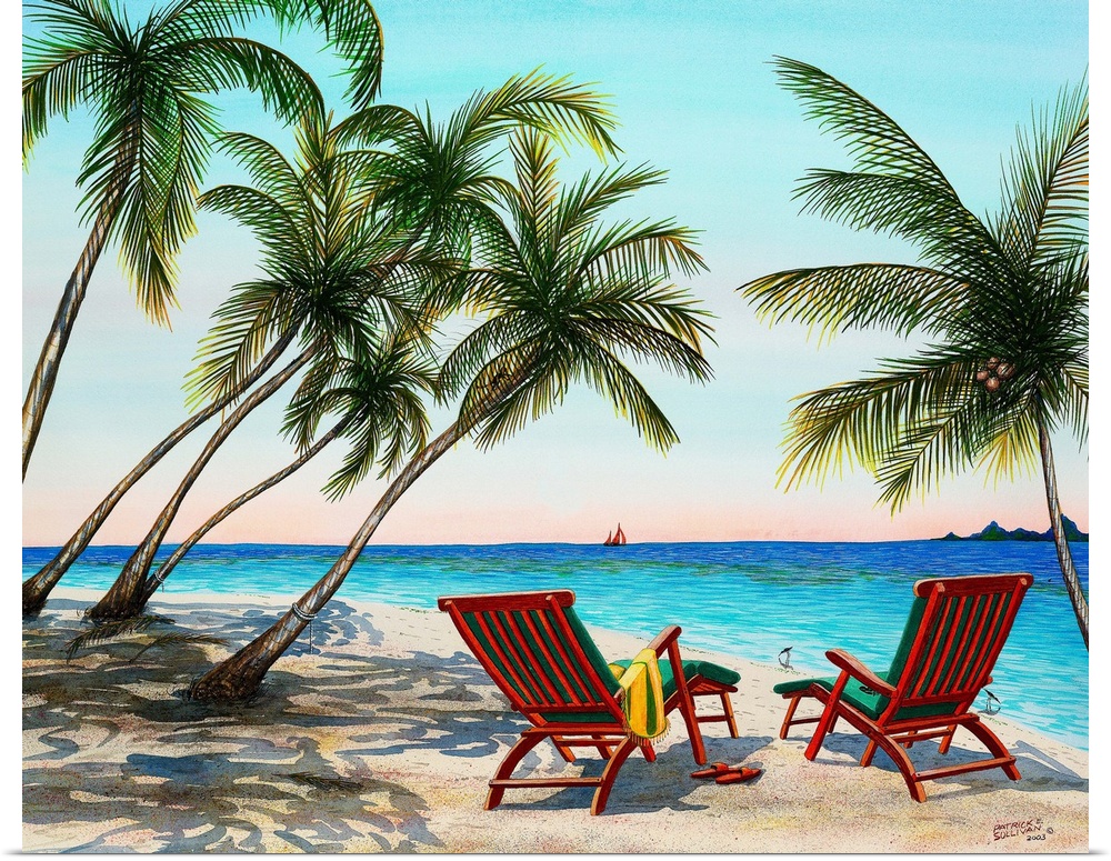 Painting of a tropical beach scene.