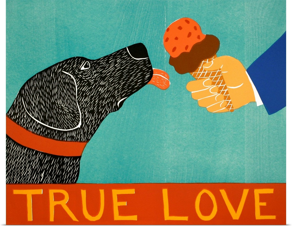 Illustration of a black lab about to lick an ice cream cone with the phrase "True Love" written at the bottom.