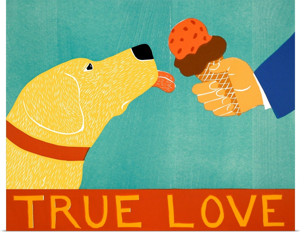 Illustration of a yellow lab about to lick an ice cream cone with the phrase "True Love" written at the bottom.